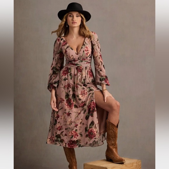 Azazie Dresses & Skirts - NWT Azazie Atelier Stevie Dress Women 8 Floral Mauve Multi Romantic Long Sleeves